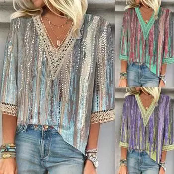 Женские летние топы 2023, сексуальная блузка с рукавом 3/4 с цветочным принтом, повседневная свободная туника, футболки, винтажные футболки с рисунком S зелёный