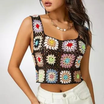 Женские летние топы без рукавов, цветные ажурные вязаные майки с ручной вышивкой крючком жёлтый