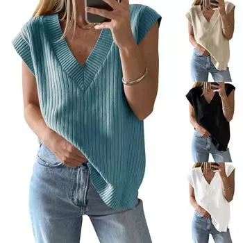 Женские летние топы без рукавов, новые женские повседневные свободные свитера с V-образным вырезом и без рукавов, жилеты S белый