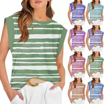 Женские летние топы без рукавов с круглым вырезом и принтом, повседневные модные футболки, базовая модная милая футболка с короткими рукавами L синий