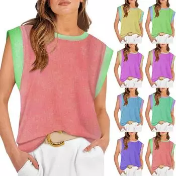 Женские летние топы без рукавов с круглым вырезом и принтом, повседневные модные футболки, базовая модная милая футболка с короткими рукавами L синий