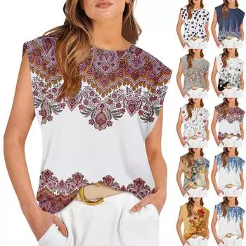 Женские летние топы без рукавов с круглым вырезом и принтом, повседневные модные футболки, базовая модная милая футболка с короткими рукавами L чёрный