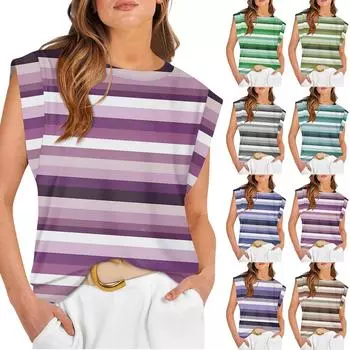 Женские летние топы без рукавов с круглым вырезом и принтом, повседневные модные футболки, базовая модная милая футболка с короткими рукавами L синий