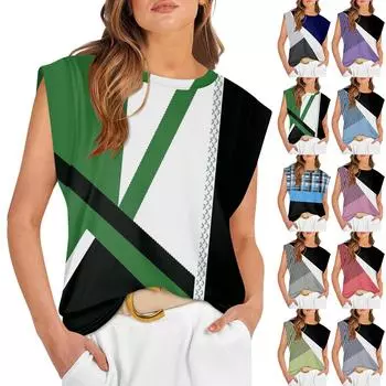 Женские летние топы без рукавов с круглым вырезом и принтом, повседневные модные футболки, базовая модная милая футболка с короткими рукавами L синий