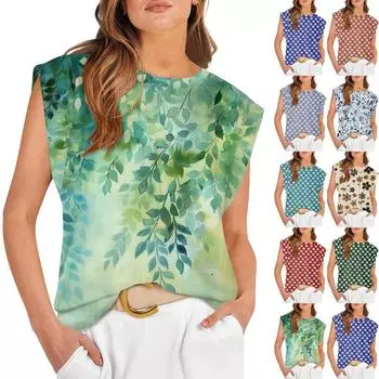 Женские летние топы без рукавов с круглым вырезом и принтом, повседневные модные футболки, базовая модная милая футболка с короткими рукавами L армия зеленый