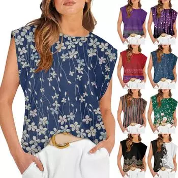 Женские летние топы без рукавов с круглым вырезом и принтом, повседневные модные футболки, базовая модная милая футболка с короткими рукавами L чёрный