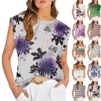 Женские летние топы без рукавов с круглым вырезом и принтом, повседневные модные футболки, базовая модная милая футболка с короткими рукавами L