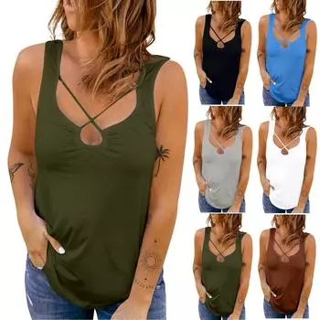 Женские летние топы без рукавов, свободный жилет с перекрестным ремешком и U-образным вырезом, однотонные топы XL серый