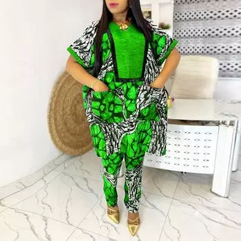 Женские летние топы и брюки большого размера с v-образным вырезом и короткими рукавами с принтом, костюмы 4XL синий