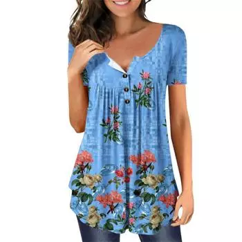 Женские летние топы из смеси хлопка на пуговицах с v-образным вырезом и цветочным принтом, женская футболка с короткими рукавами, свободные футболки больших размеров