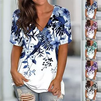 Женские летние топы, модная одежда больших размеров, женские повседневные хлопковые футболки с короткими рукавами, женские блузки с v-образным вырезом и цветочным принтом, свободные футболки S чёрный