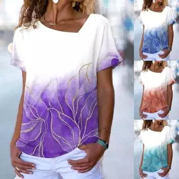 Женские летние топы Модная одежда больших размеров Футболка с коротким рукавом Женские повседневные топы с нерегулярным v-образным вырезом и цветочным принтом Свободные хлопковые футболки XS синий