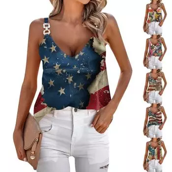 Женские летние топы на бретелях, повседневные свободные топы без рукавов с V-образным вырезом и принтом L