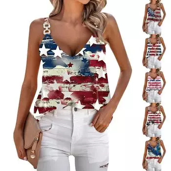 Женские летние топы на бретелях, повседневные свободные топы без рукавов с V-образным вырезом и принтом XL синий