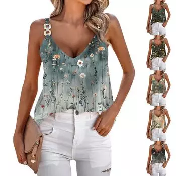 Женские летние топы на бретелях, повседневные свободные топы без рукавов с V-образным вырезом и принтом L оранжевый