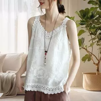Женские летние топы на бретелях с v-образным вырезом без рукавов, сплошной цвет, свободный крой, повседневная блузка, топы на бретельках с вышивкой и кружевным узором белый