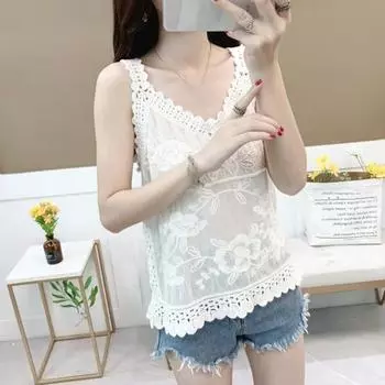 Женские летние топы на бретелях с v-образным вырезом без рукавов, сплошной цвет, свободный крой, повседневная блузка, топы на бретельках с вышивкой и кружевным узором белый