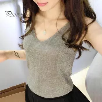 Женские летние топы на бретелях с v-образным вырезом без рукавов, пуловеры свободного кроя, сверкающие яркие шелковые однотонные низы, уличная одежда серый