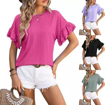 Женские летние топы, однотонные футболки с круглым вырезом и рюшами и короткими рукавами, повседневные свободные топы, блузка, модная женская одежда S розы красного