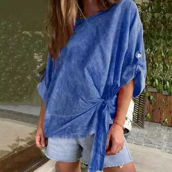 Женские летние топы, однотонные пуловеры со шнуровкой и закругленными рукавами, топы с круглым вырезом, свободный крой, нерегулярные XL серый