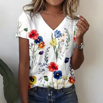 Женские летние топы, повседневная базовая футболка с V-образным вырезом и цветочным принтом, с коротким рукавом S оранжевый