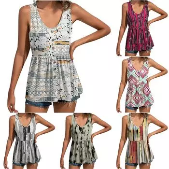 Женские летние топы, повседневная плиссированная футболка без рукавов с круглым вырезом на пуговицах, свободная блузка, футболка L чёрный