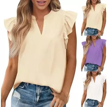 Женские летние топы, повседневные блузки с V-образным вырезом и оборками, однотонные туники S белый