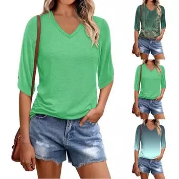 Женские летние топы, повседневные, с оборками, коротким рукавом, круглым вырезом, свободные, плиссированные футболки L армия зеленый