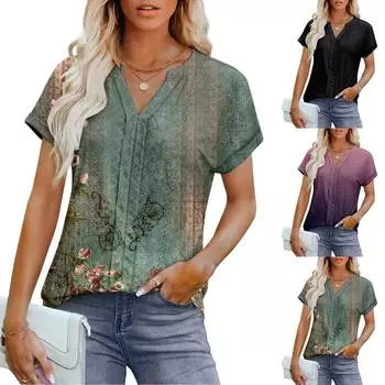 Женские летние топы, повседневные, с оборками, коротким рукавом, круглым вырезом, свободные, плиссированные футболки L чёрный