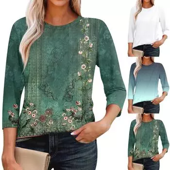 Женские летние топы, повседневные свободные плиссированные футболки с оборками и круглым вырезом L темно-зеленого