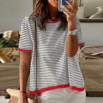 Женские летние топы, повседневные трикотажные пуловеры с короткими рукавами и короткими рукавами в полоску, высокие низкие модные футболки, блузки L бежевый