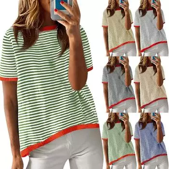 Женские летние топы, повседневные трикотажные пуловеры с короткими рукавами и короткими рукавами в полоску, высокие низкие модные футболки, блузки L бежевый