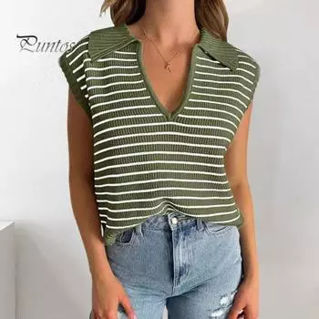 Женские летние топы, пуловеры без рукавов с лацканами и v-образным вырезом, свободные вязаные блузки в полоску с принтом, уличная одежда S бежевый