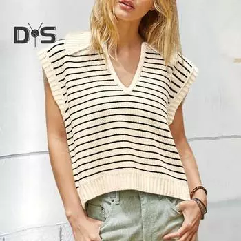 Женские летние топы, пуловеры без рукавов с лацканами и v-образным вырезом, свободные вязаные блузки в полоску с принтом, уличная одежда S бежевый