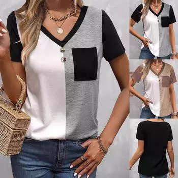 Женские летние топы с цветными блоками, повседневная блузка, женские футболки с V-образным вырезом и короткими рукавами S чёрный