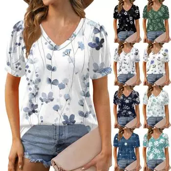 Женские летние топы с коротким рукавом и V-образным вырезом, свободные повседневные футболки L чёрный