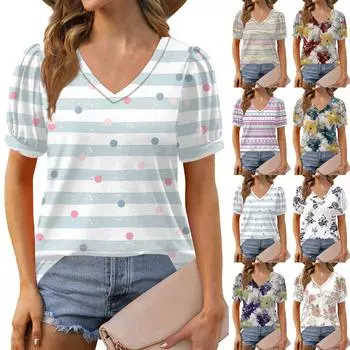 Женские летние топы с коротким рукавом и V-образным вырезом, свободные повседневные футболки L темно-синий
