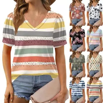 Женские летние топы с коротким рукавом и V-образным вырезом, свободные повседневные футболки L коричневый