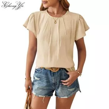 Женские летние топы с коротким рукавом, рабочая рубашка, женская модная однотонная рубашка, повседневные плиссированные топы больших размеров S светло-зеленый