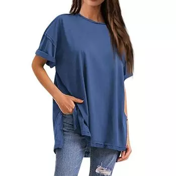 Женские летние топы с короткими рукавами, повседневные свободные топы с баской для беременных, рубашки большого размера, туника L синий
