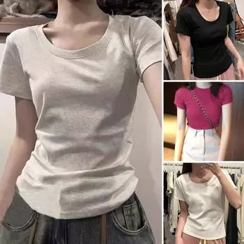 Женские летние топы с круглым вырезом и коротким рукавом, однотонная футболка, облегающий эластичный пуловер, топы, уличная одежда L серый