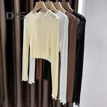 Женские летние топы с круглым вырезом и длинным рукавом, сетчатые топы с защитой от солнца, внутренние топы для повседневной носки M абрикосовый