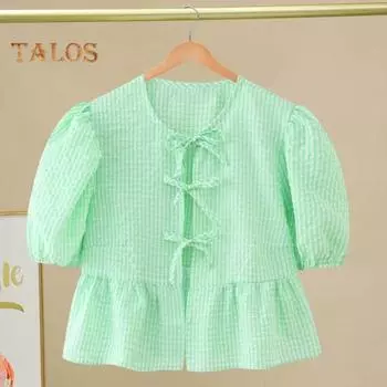 Женские летние топы с круглым вырезом, пышные рубашки с короткими рукавами, топы на шнуровке, клетчатый принт, топы с рюшами по подолу, уличная одежда S зелёный