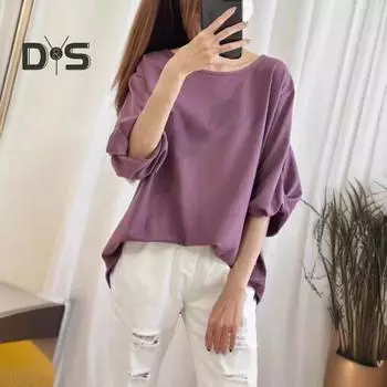 Женские летние топы с круглым вырезом, рукавом три четверти, футболка с завязками на манжетах, однотонный пуловер свободного покроя, топы темно-серого