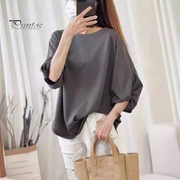 Женские летние топы с круглым вырезом, рукавом три четверти, футболка с завязками на манжетах, однотонный пуловер свободного покроя, топы темно-серого