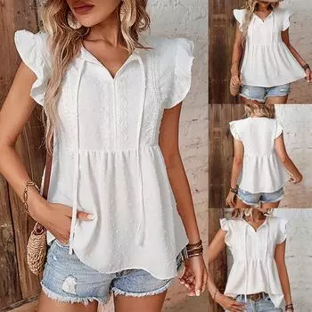 Женские летние топы с кружевными рукавами, однотонная рубашка с короткими рукавами и v-образным вырезом L белый