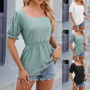 Женские летние топы с кружевными рукавами, однотонная рубашка с коротким рукавом и круглым вырезом L чёрный