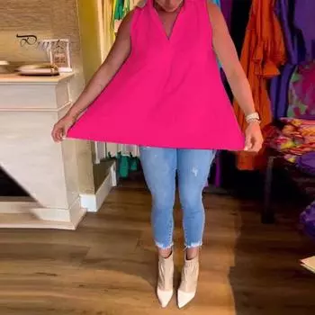 Женские летние топы с лацканами и v-образным вырезом без рукавов, однотонные свободные рубашки, плиссированные сзади, тонкие пуловеры, топы 2XL розы красного