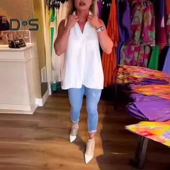 Женские летние топы с лацканами и v-образным вырезом без рукавов, однотонные свободные рубашки, плиссированные сзади, тонкие пуловеры, топы 3XL розы красного