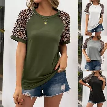 Женские летние топы с леопардовым принтом, футболки с короткими рукавами, блузка